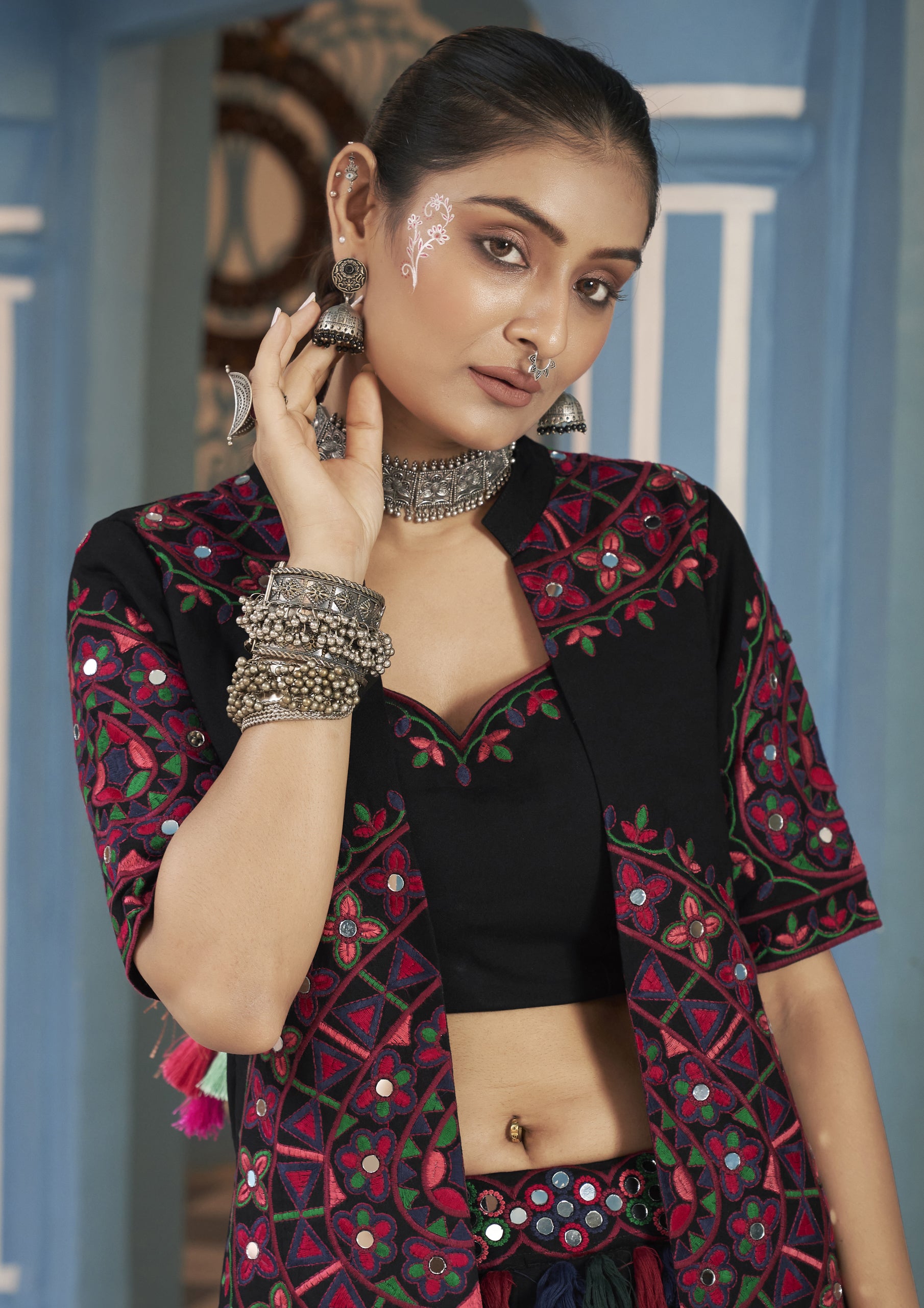 Multi Color Viscose Rayon Embroidered Navratri Lehenga With Jacket